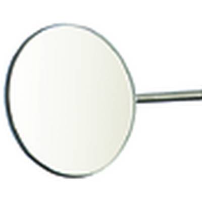 'Dental mirror with a metallic handle, commonly used in dentistry for examining teeth and the oral cavity.'