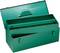 Green metal toolbox with an open lid, comprising a main compartment and a removable insert tray.