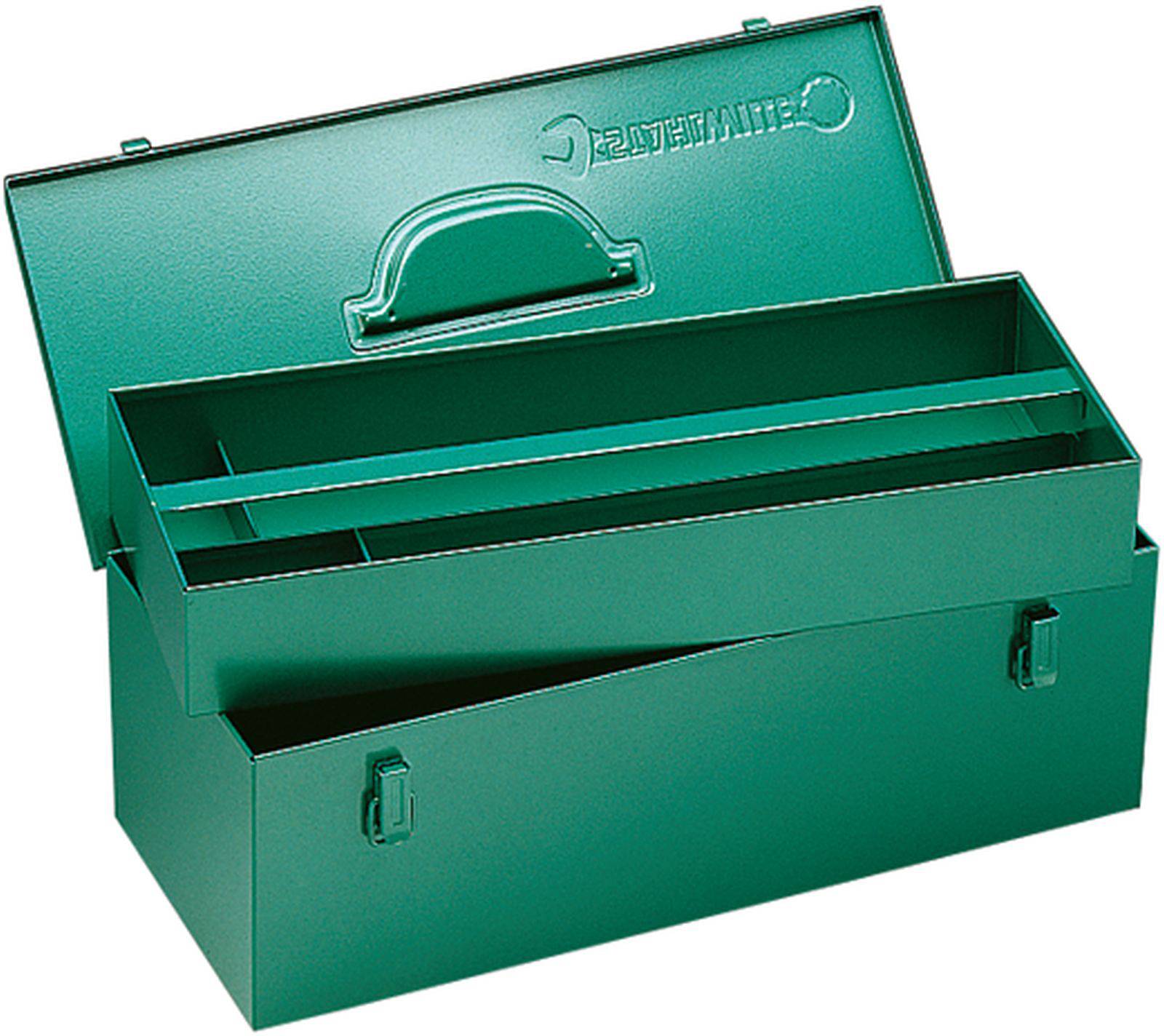 Open green metal toolbox with carry handle and removable compartment for easy handling and organisation of tools.