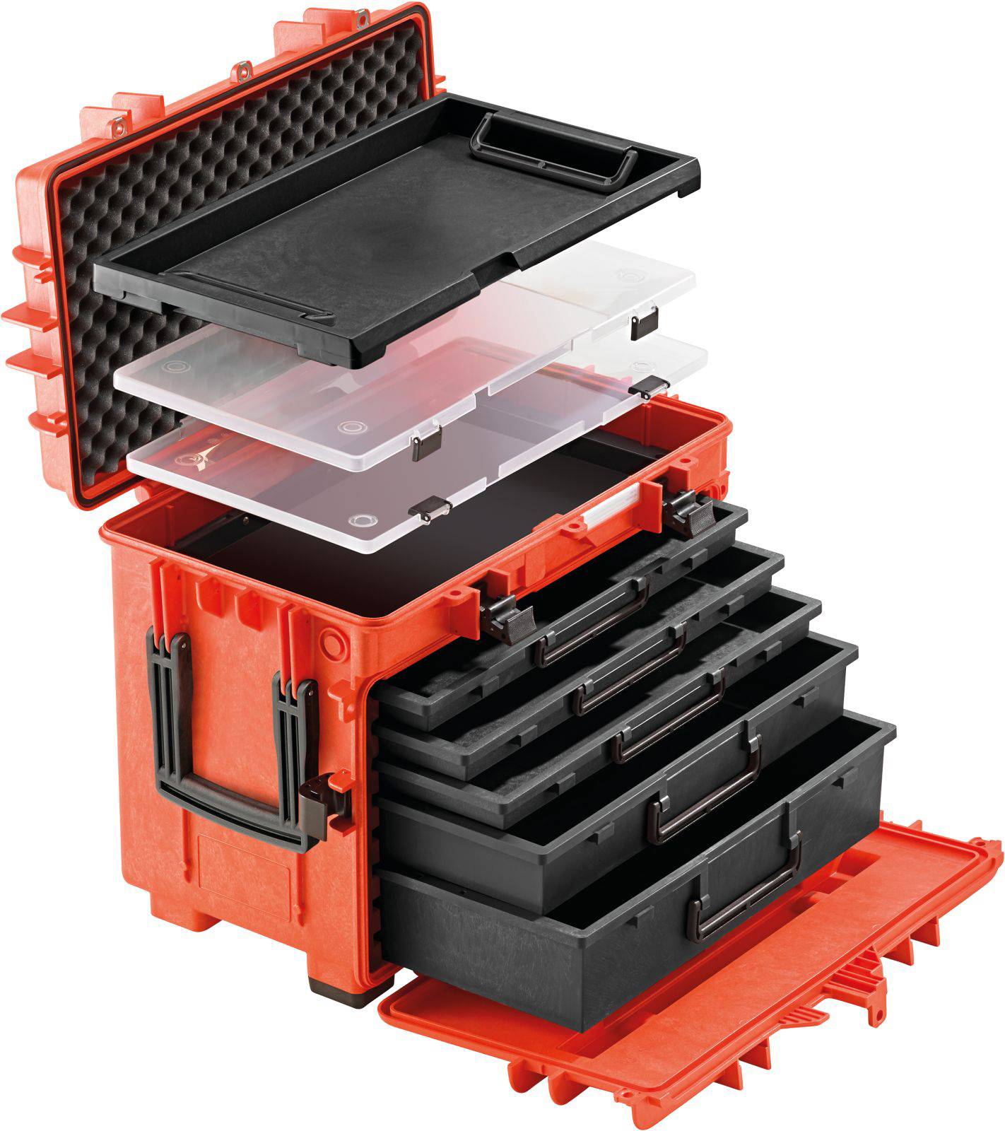 Red toolbox with multiple pull-out black drawers and transparent compartments, suitable for tool organisation.