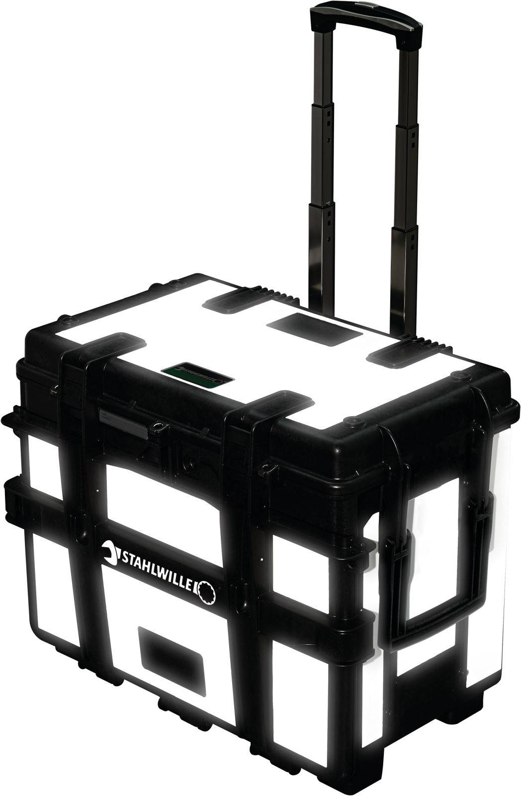 Black tool case with white accents and telescopic handle, 'STAHLWILLE' brand, for easy transportation of tools.
