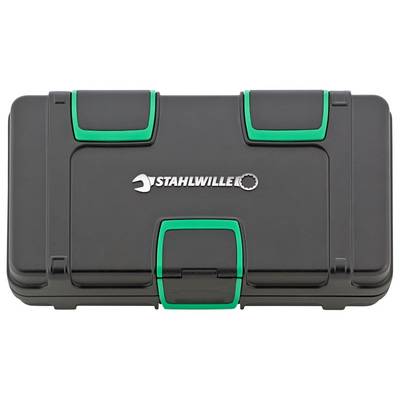Black tool case with green locks and 'STAHLWILLE' logo, suitable for storing and transporting tools.