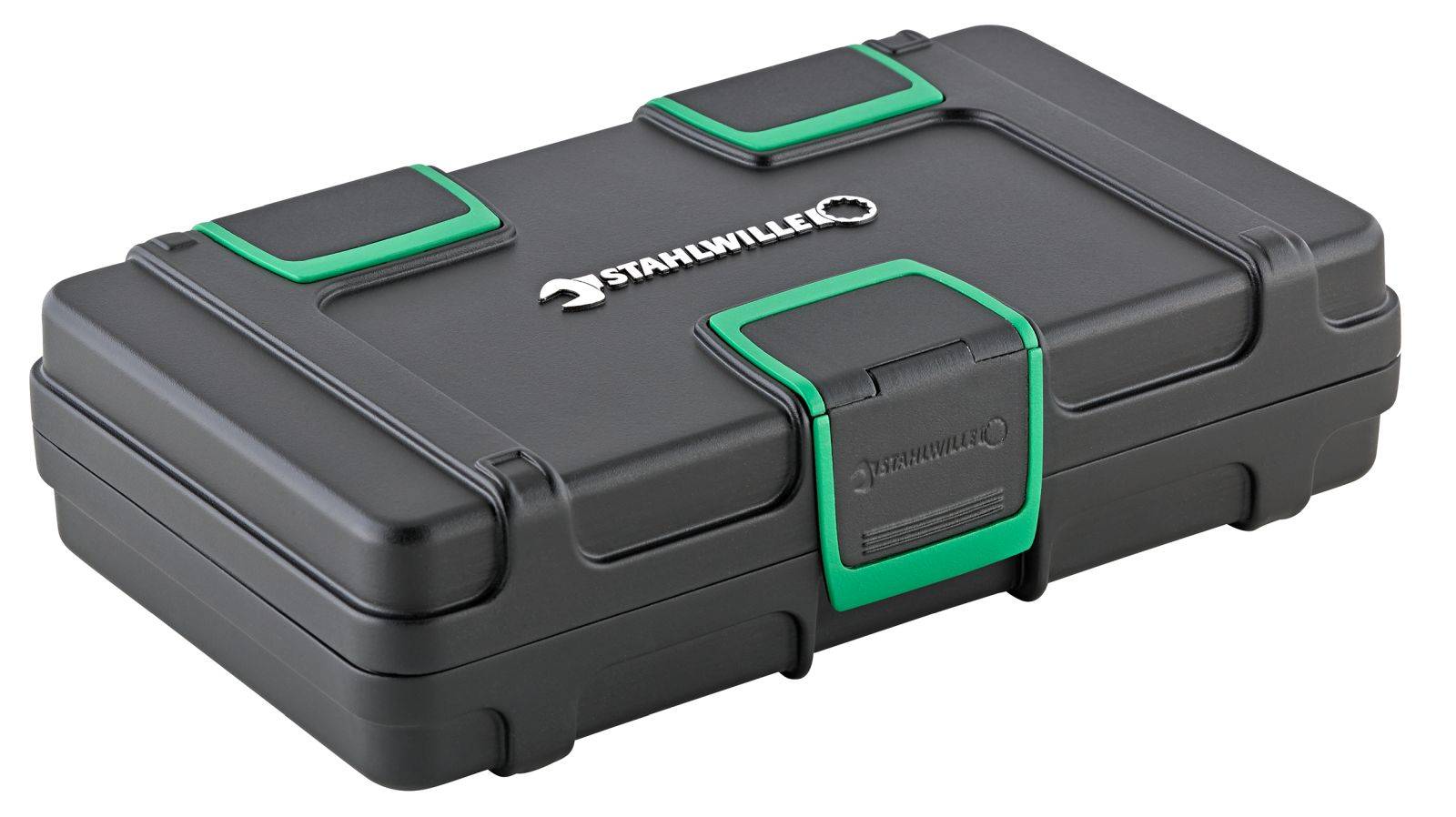 Black tool case with green accents and logo on the lid, closed. Suitable for tool storage and transportation.
