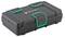 Black tool case with green accents and logo on the lid, closed. Suitable for tool storage and transportation.