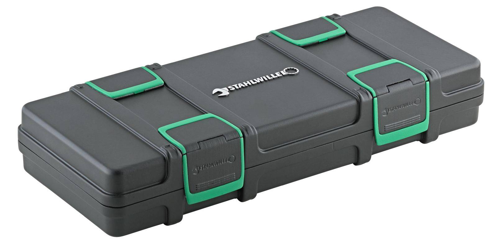 Black tool case with green locks and the 'STAHLVILLE' lettering on the lid. Ideal for secure tool storage.