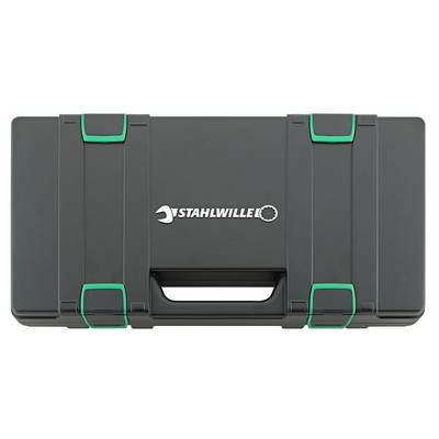 Black tool case with a green fastener and 'STAHLWILLE' logo in the centre, designed to carry tools or accessories.