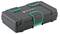 A black tool case with green accents and a brand logo on the top. Ideal for secure tool storage.