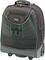 A black rolling rucksack with green accents and multiple compartments. It features an extendable handle and is suitable for travelling.