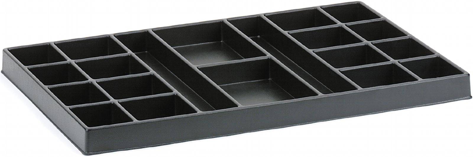 Black tray with multiple small square compartments, suitable for storing small items or materials.
