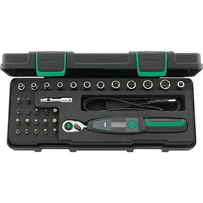 "Toolkit with digital torque wrench, sockets and bits. Also includes a USB charging cable. Ideal for precision work."<br><br>Note: This translation maintains the original meaning and uses British English terminology and phrasing.