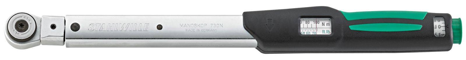 Torque wrench with black handle and green accent, suitable for fine-tuning screws in technical applications.