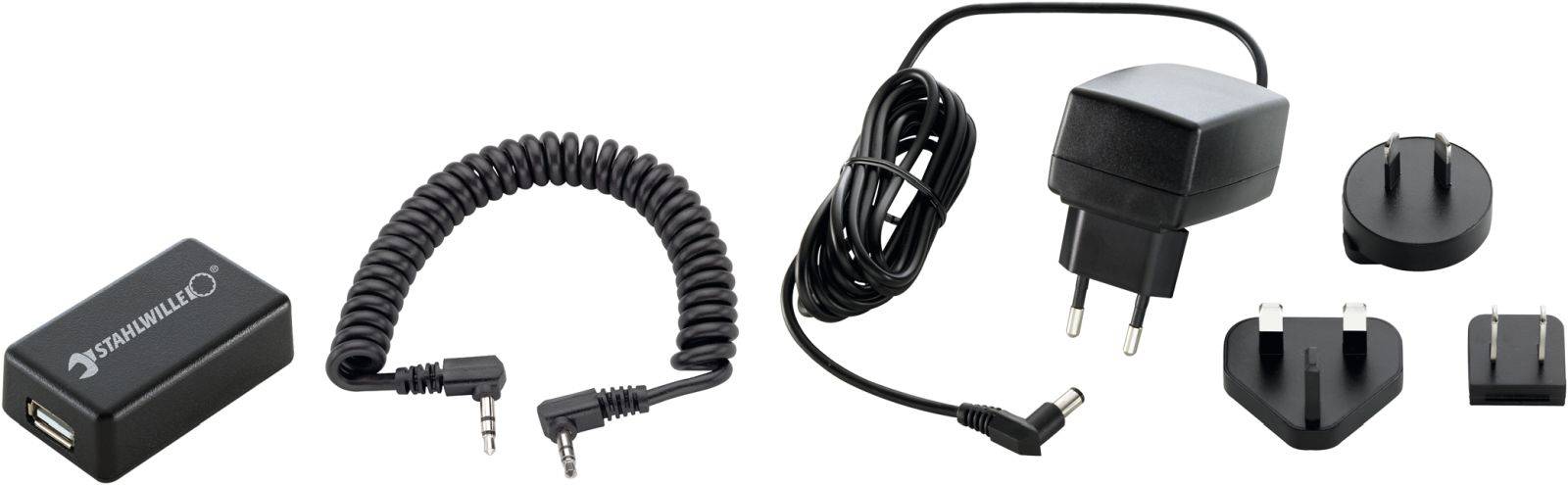 A charger with interchangeable plug adapters and a coiled audio cable with two different plugs.