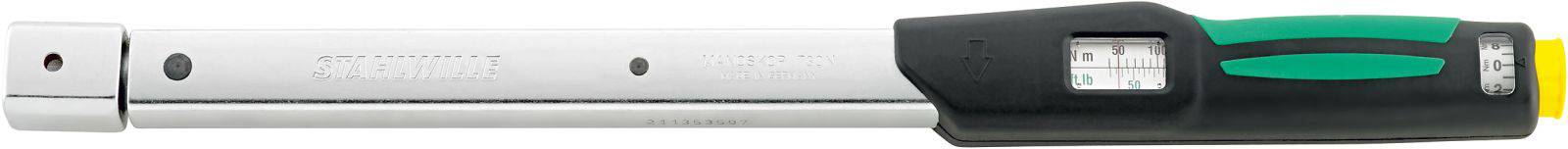 Torque wrench with scale on the handle side, silver shaft, black and green handle, suitable for precise tightening of screws.