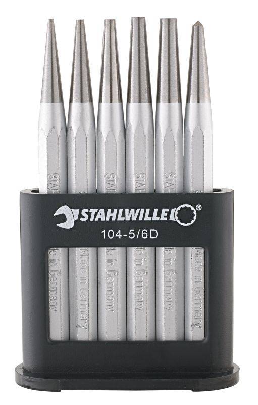 A six-piece set of steel cores in a black holder, with the inscription 'STAHLWILLE 104-5/6D'.
