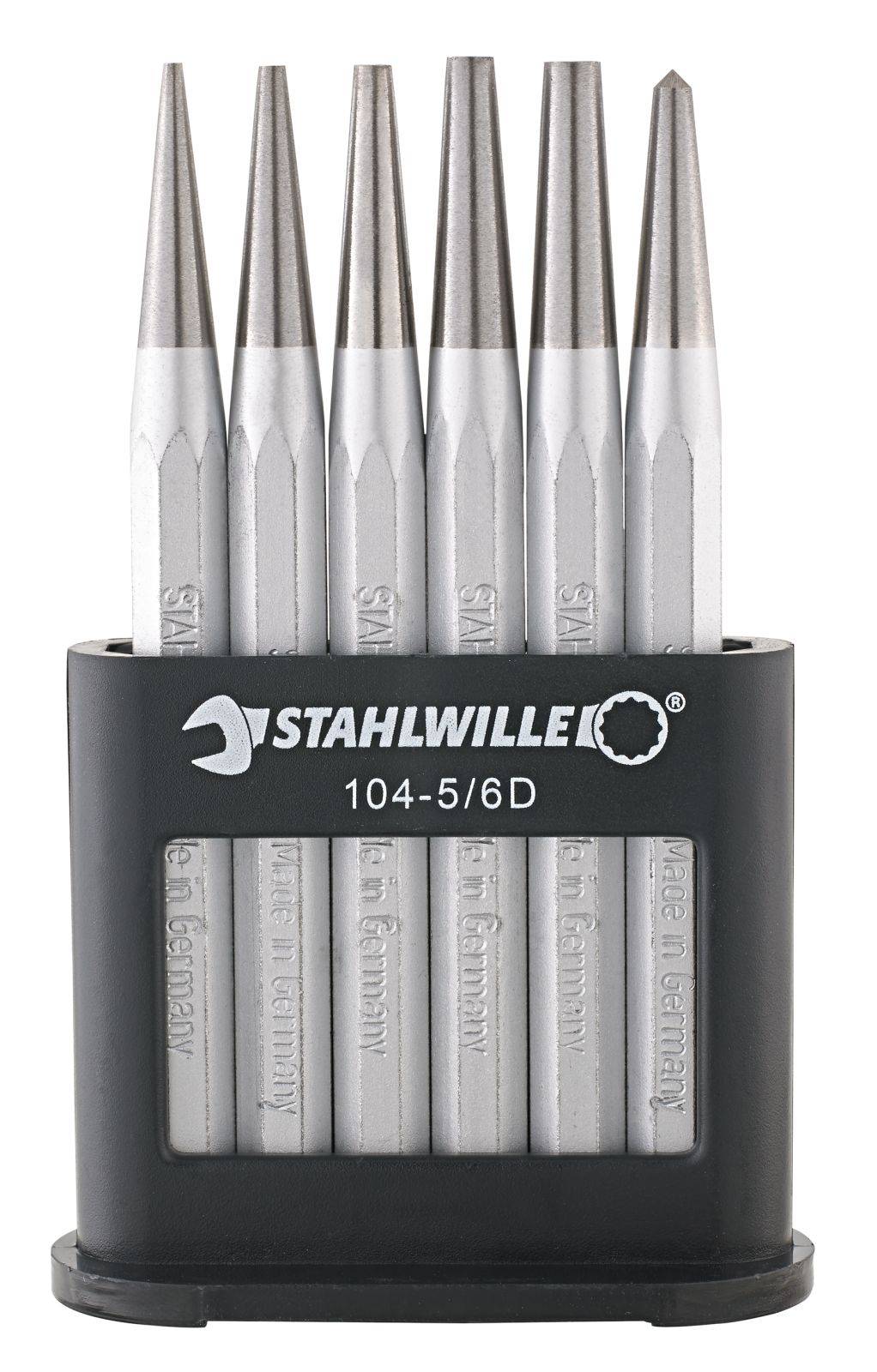 Six-piece set of steel chisels in a black holder, marked 'STAHLWILLE 104-5/6D', suitable for workshop tasks.
