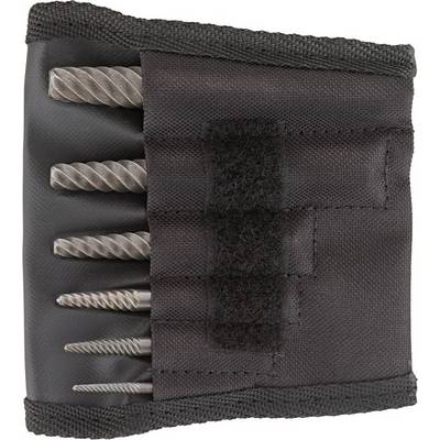 Multi-drill bit set in a black fabric pouch with six different drill bits, partially visible, for secure storage.