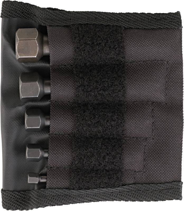 A black holder contains six different spanner attachments, which are secured in their designated loops.
