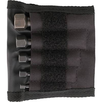 A black holder contains six different spanner attachments, which are secured in their designated loops.