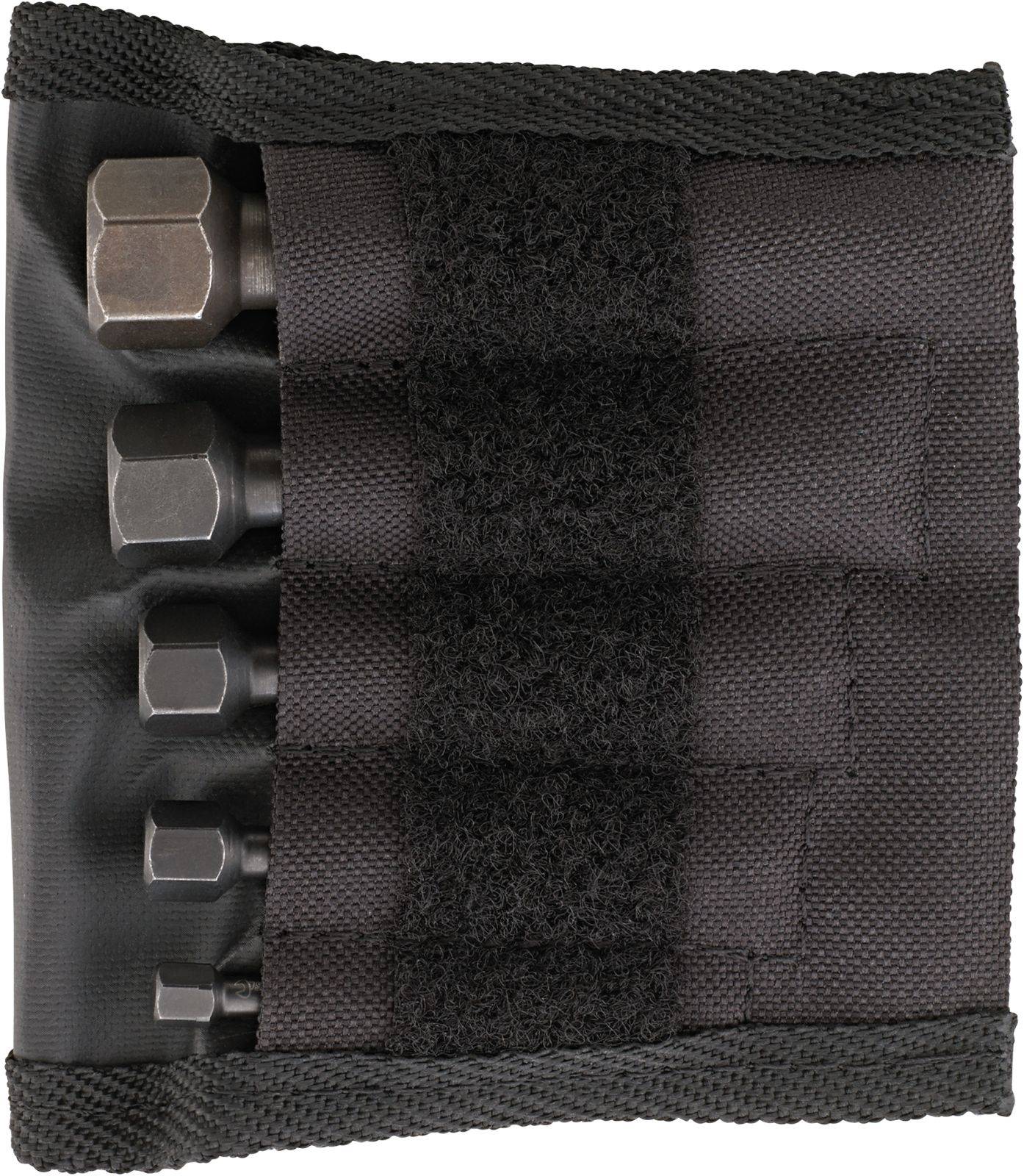 A set of six metal hexagonal bits in a black holder, arranged side by side.