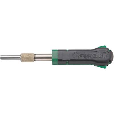 'Screwdriver with green and black handle, interchangeable tip, and knurled metal section in the middle for better grip.'