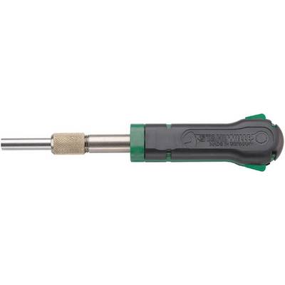 A screwdriver with a black handle and green accent, metal tip for various screw heads.