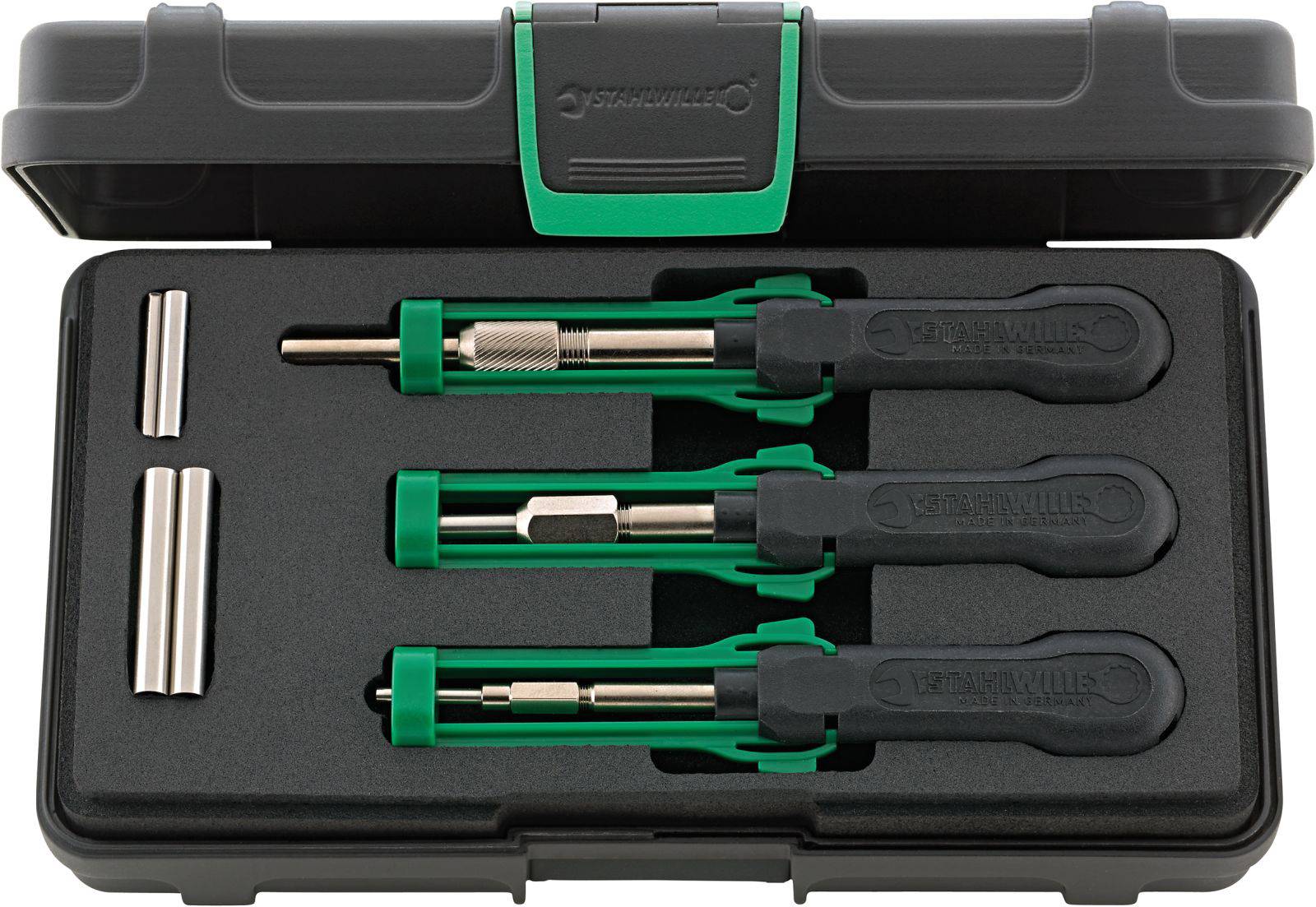 A tool case with three screwdriver handles and interchangeable bits nestled in a black foam insert.