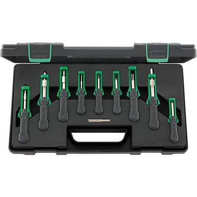 A tool case containing ten screwdrivers of varying sizes in green and black, neatly arranged in a foam insert.