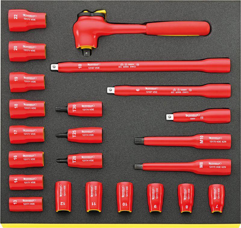 A set of isolated ring spanners with a red handle on black foam, arranged by size, including a ratchet handle and extensions.