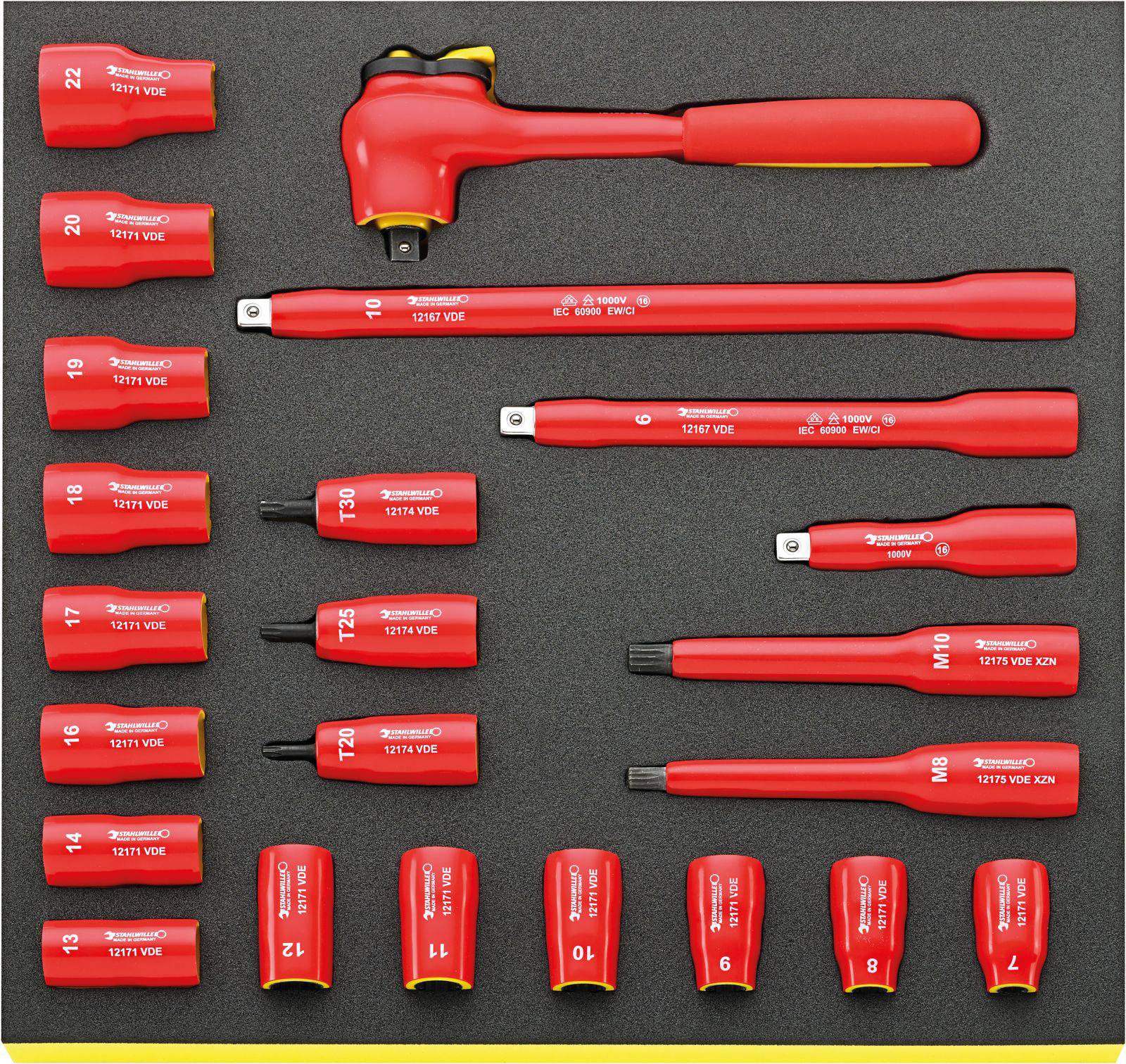A set of insulated socket extensions, red in colour, neatly arranged in a storage compartment. The tools are designed for work on live electrical components.