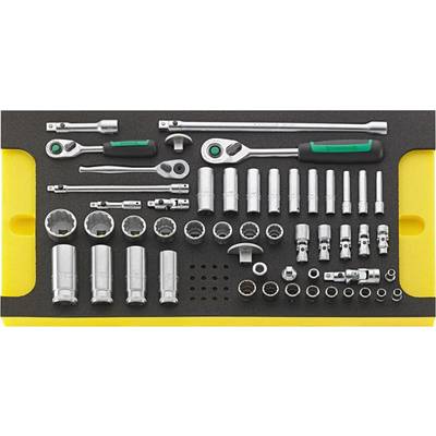 Socket and Ratchet Tool Set. Contains various socket wrenches, extensions, and ratchets with black foam carrier.