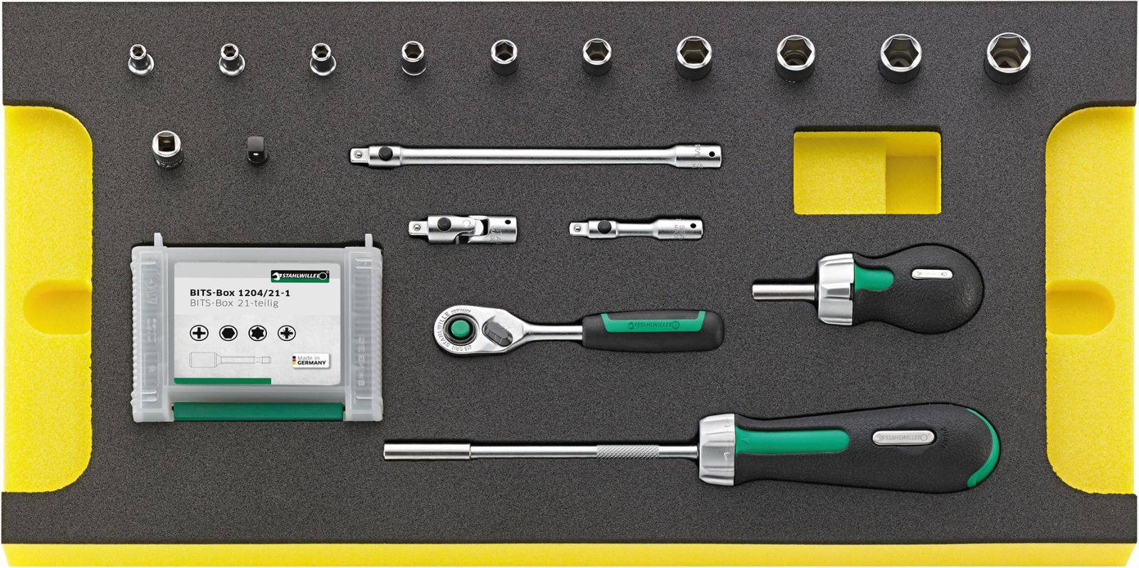 Socket Spanner Set: Spanners, extension bars, bits and adapters in foam insert. Brand name 'Wera'.