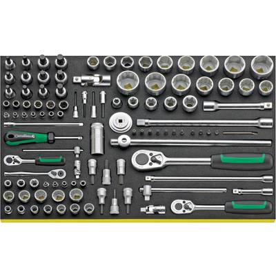 Various spanners and ratchets in a toolbox. Sorted by size and shape, some with green-black handles.