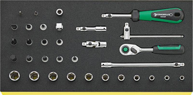 Socket wrench set with ratchet, extensions and various socket sizes arranged in a foam insert.