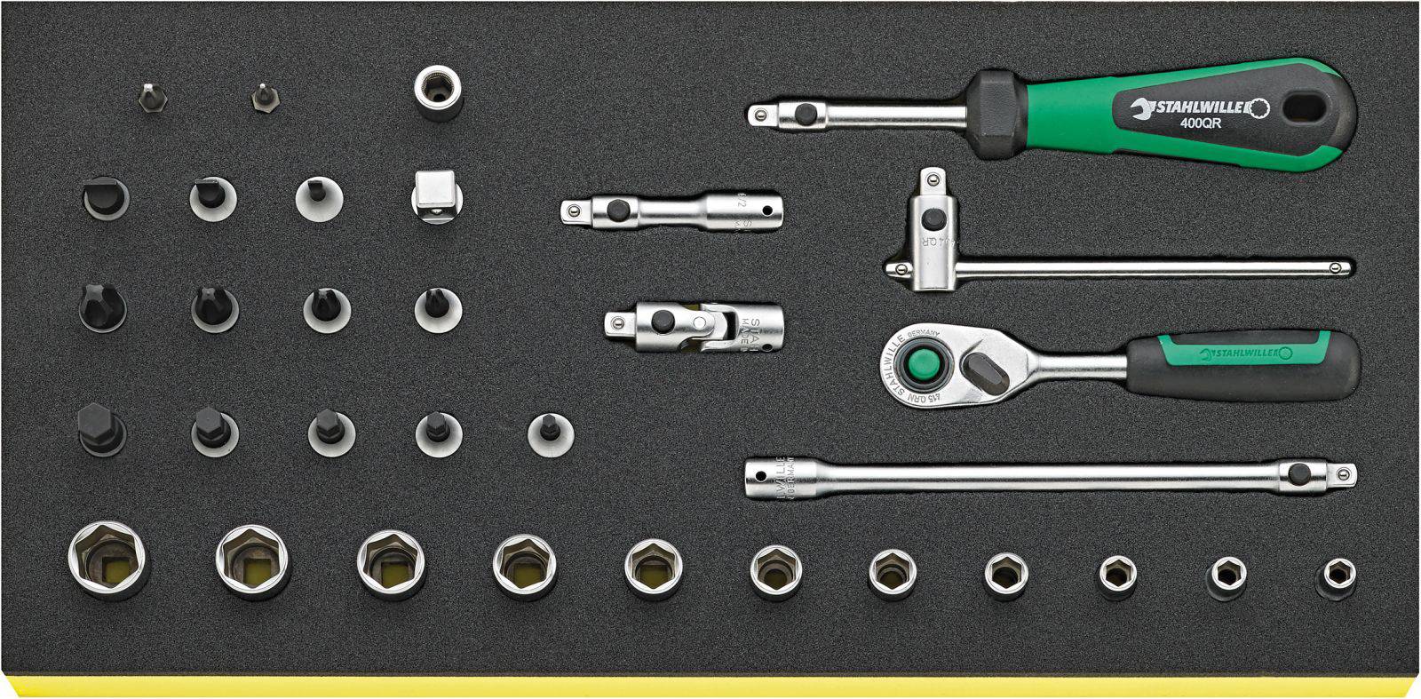 'Set of socket keys and bits in various sizes in a foam holder. Includes extensions, ratchet and screwdriver handle.'