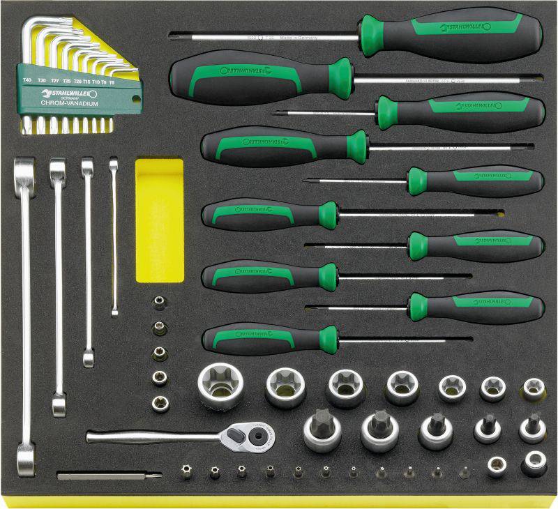 'Tool set with screwdrivers, spanners and socket wrenches, neatly arranged in a case.'