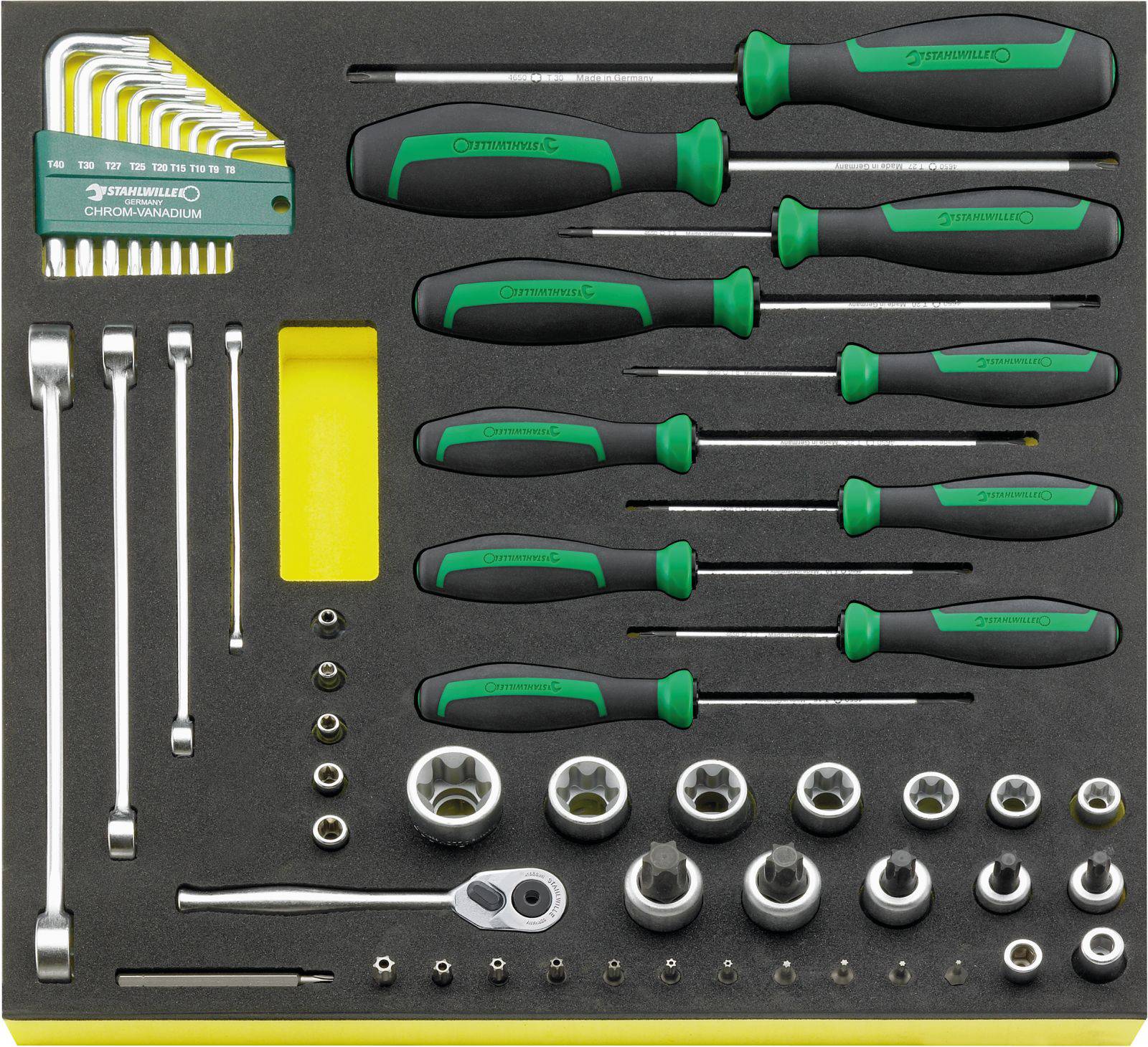 'Tool set with screwdrivers, spanners and socket wrenches, neatly arranged in a foam case.'