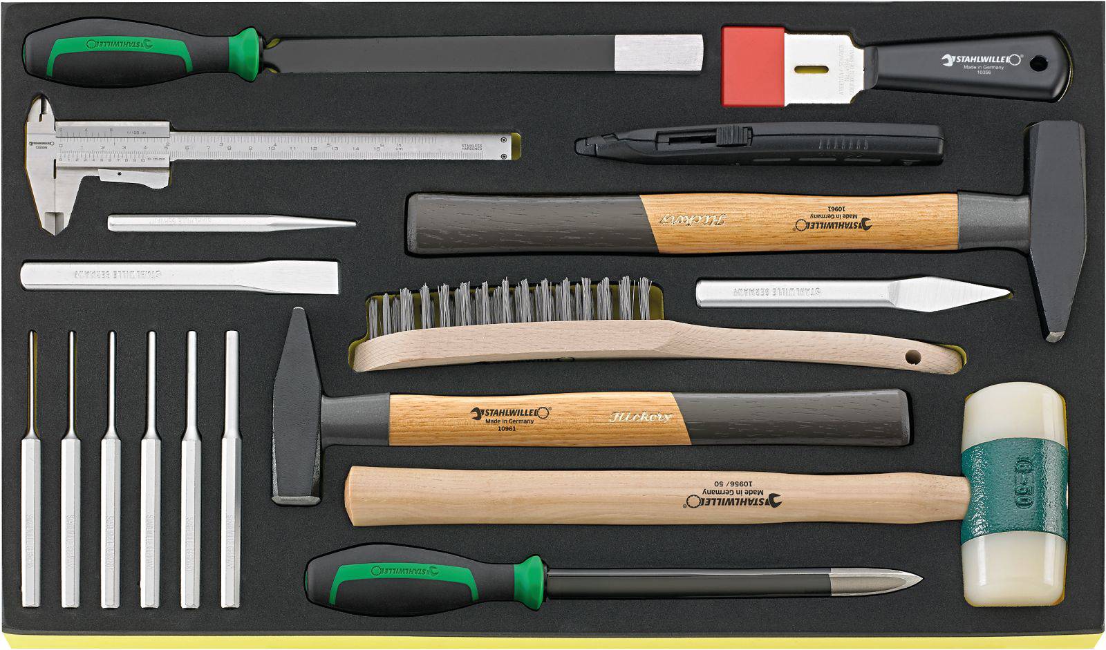 Tool set in foam insert: Pliers, hammer, spanner, brush, puller, chisel and screwdriver are included.
