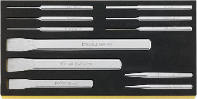 A set of ten silver extractors in various sizes lies neatly in a black foam lining.