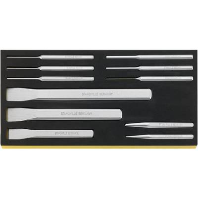 A set of ten silver extractors in various sizes lies neatly in a black foam lining.