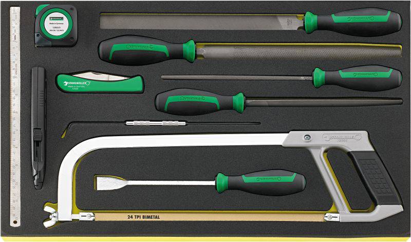Tool set with saw, tape measure, ruler, screwdrivers, knife and files in a foam insert for neat storage.<br><br>Translation to British English:<br>Tool set comprising a saw, tape measure, ruler, screwdrivers, knife and files in a foam-lined case for tidy storage.