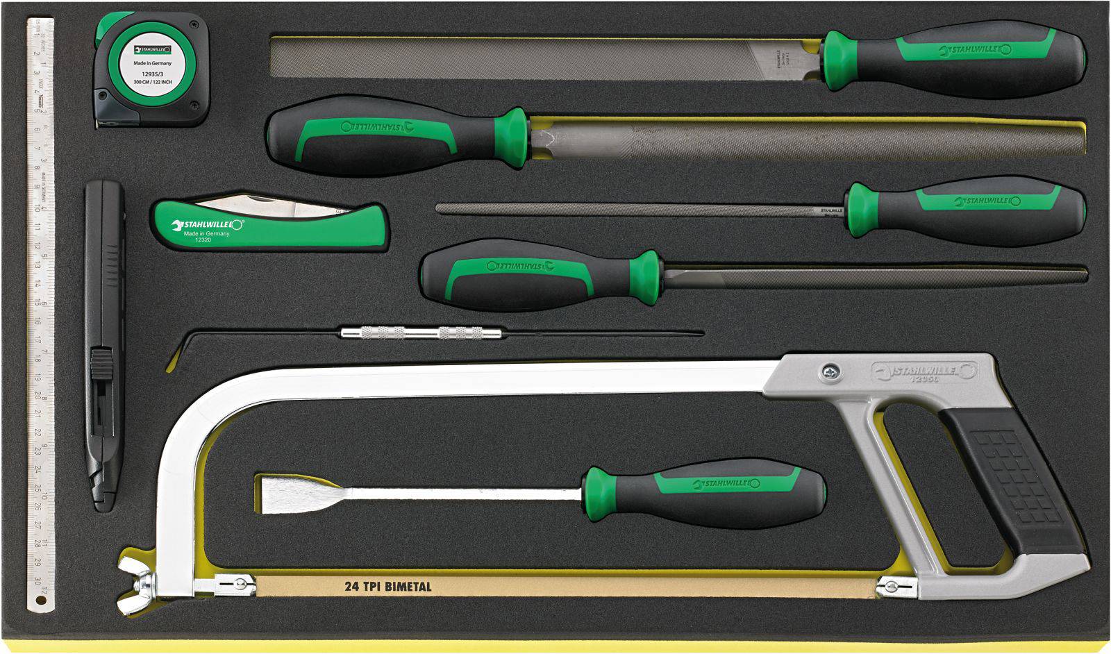 A tool set comprises a saw, screwdrivers, files, tape measure and ruler in a foam insert for organisation and protection.