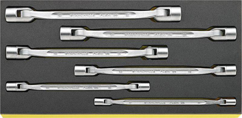 Six silver spanners in a toolbox, arranged from top to bottom in a padded insert.
