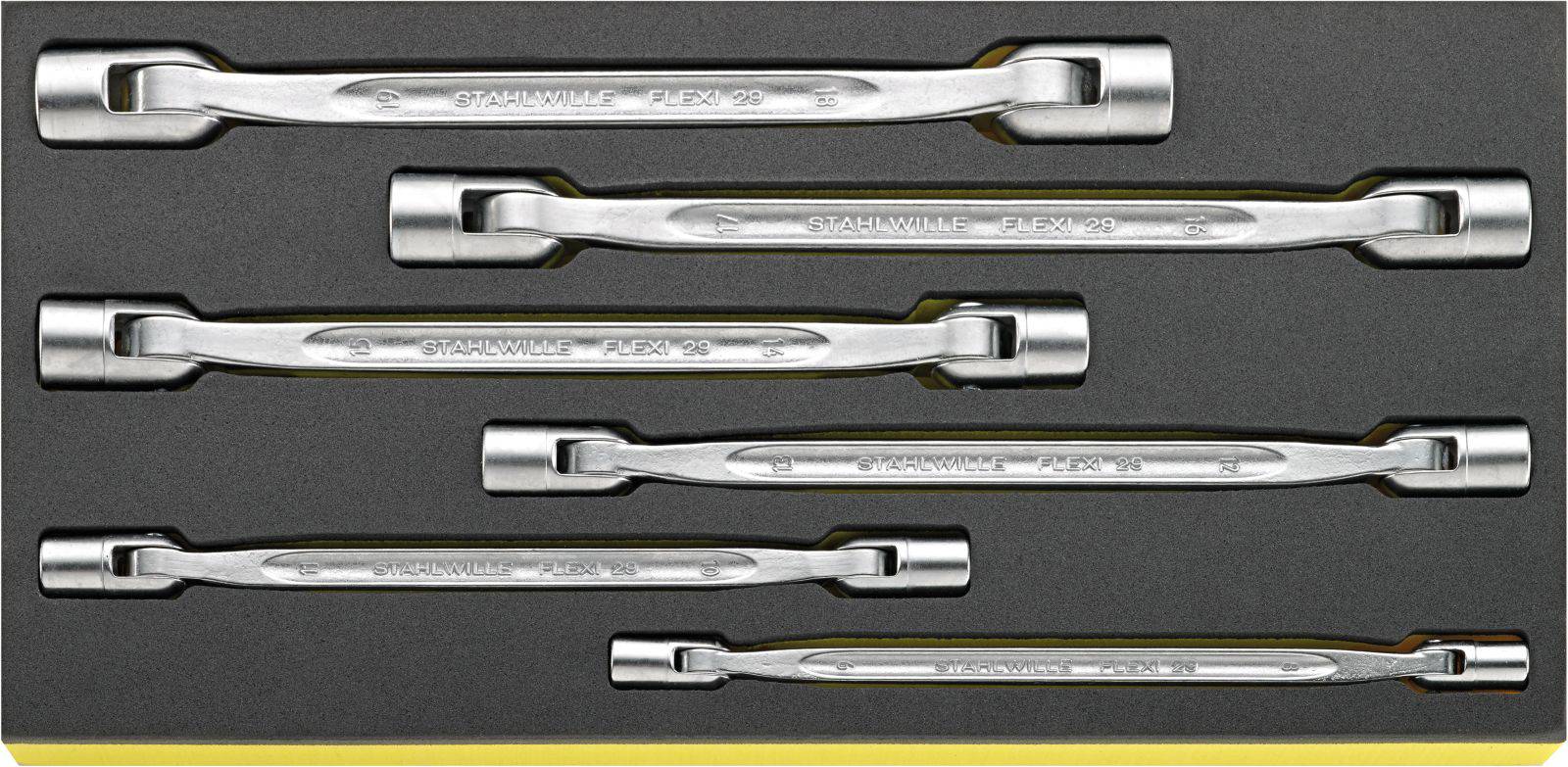 Six-piece set of chrome-plated double-ended spanners in a black foam holder.