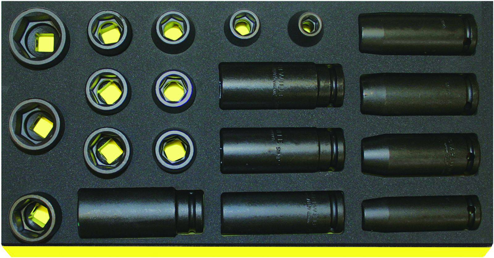 'Set of fifteen socket nuts in a black foam insert, various sizes, evenly arranged.'