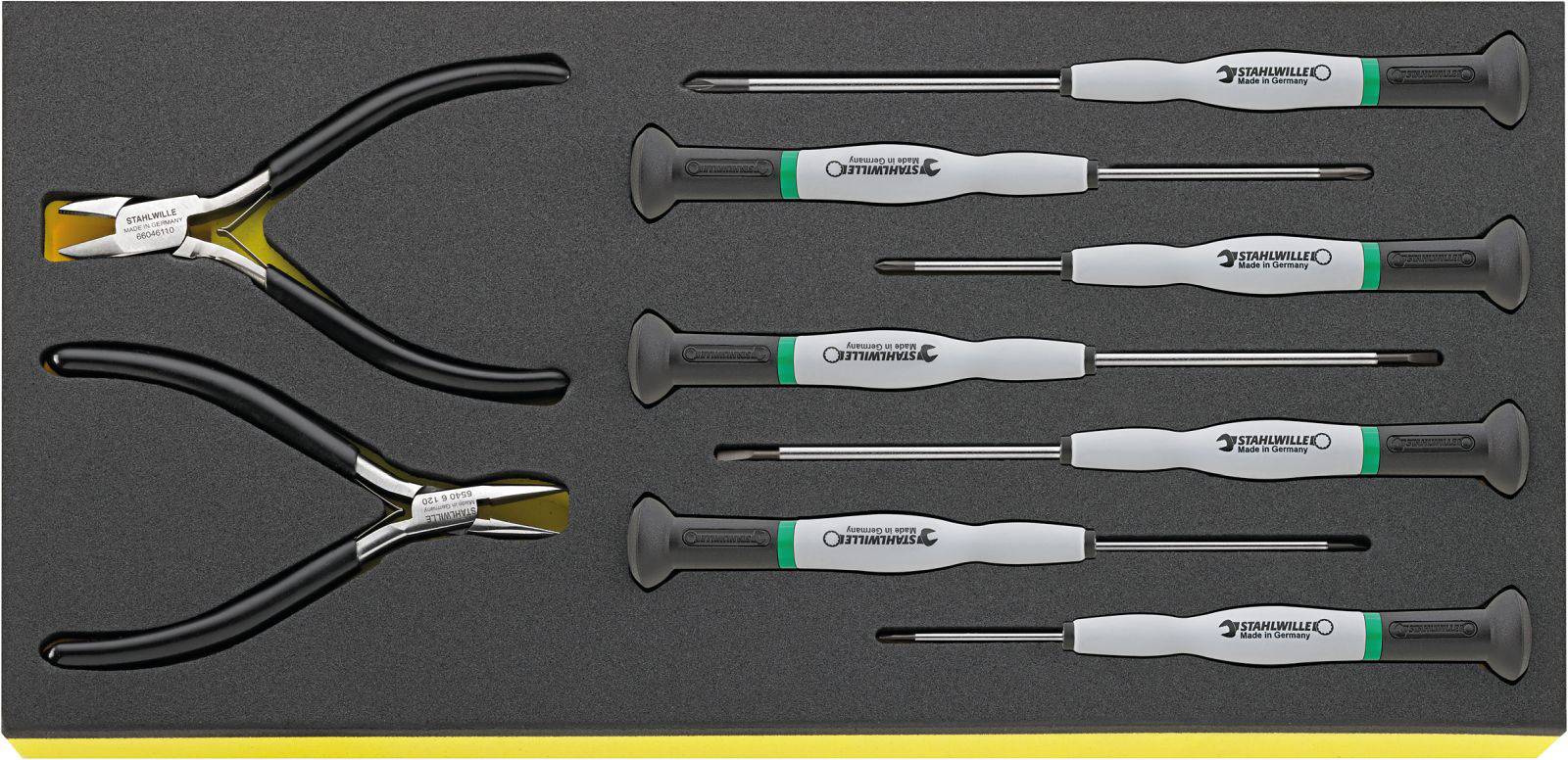 A tool set consisting of two pliers and five screwdrivers, neatly arranged in a foam insert.