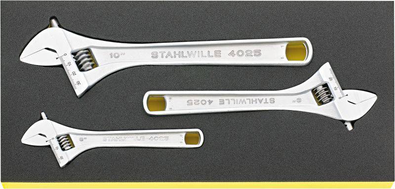 Three adjustable spanners on a dark background, in different sizes, with the inscription 'STAHLWILLE 4028'.
