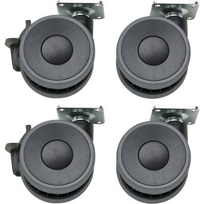 Four black castors with mounting plates, arranged side by side. Suitable for chairs or furniture for easy movement.
