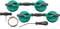 Tool set with two green suction lifters, black screwdriver, T-shaped handle, and metal band, for handling glass panels.
