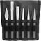 A set of six metal chisels and punches in a black tool bag, securely held in elastic loops.