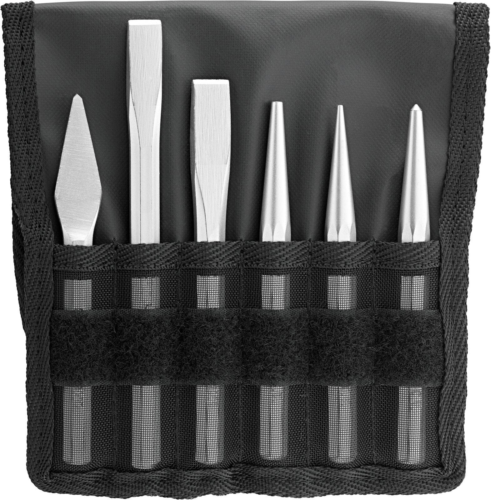 A tool set with five metal tools in a black bag, including flat, cross, and round chisels, arranged neatly side by side.